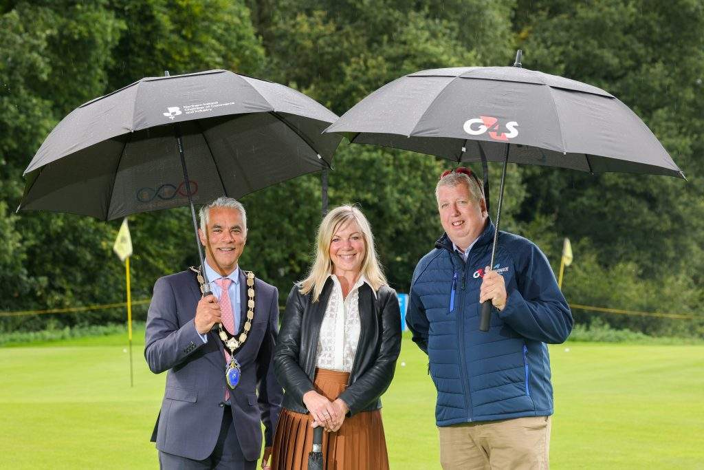 NI chamber ceo, Suzanne Wylie, with ni chamber president, Kailash Chada and the golf day sponsor, Kevin Scruby of G4S