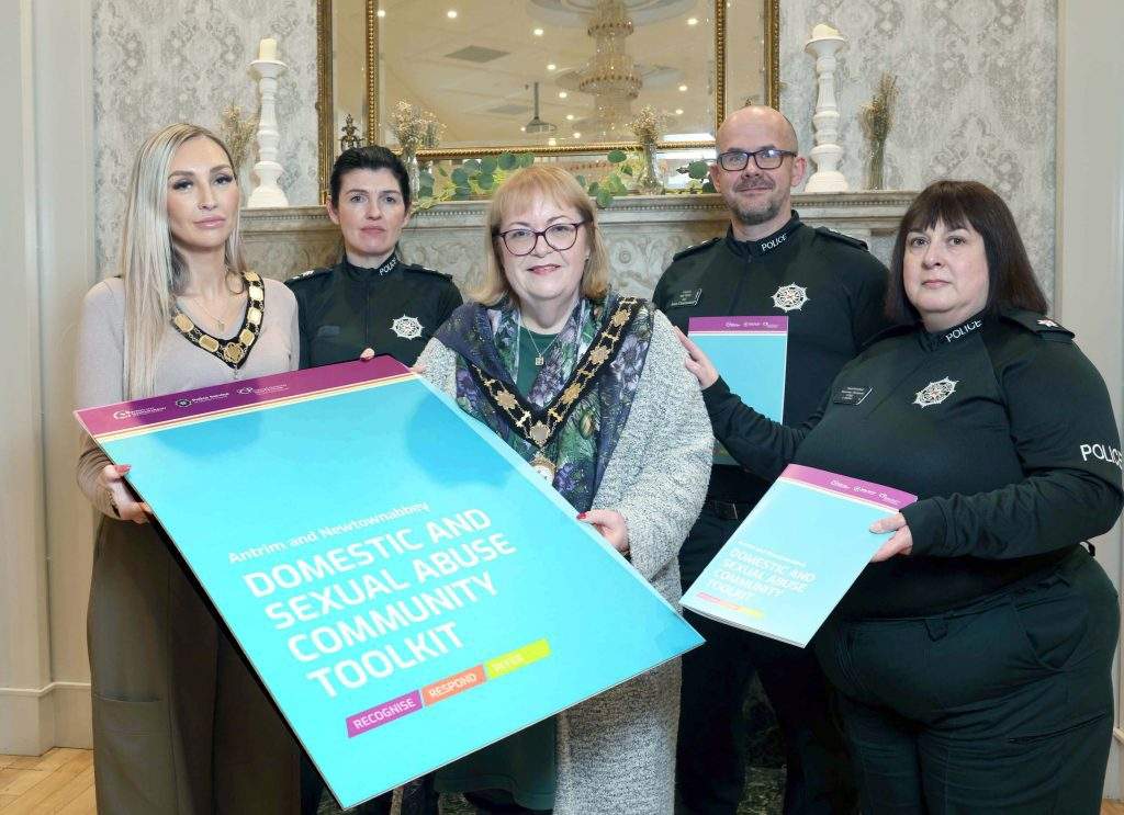 (L-R) Mayor of Antrim and Newtownabbey, Cllr Leah Kirkpatrick, Sgt Lena Grimes, Deputy Mayor and Chairperson of PCSP Cllr Julie Gilmour, Inspector Neil Patton and Superintendent Rosemary Thompson.