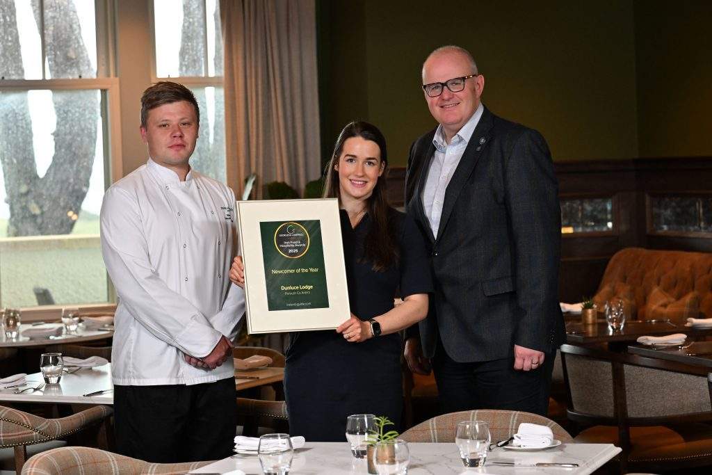 Pictured left to right: Mark Winters (Executive Sous Chef), Holly Scott (Receptionist), Stephen Meldrum (General Manager) celebrate as Dunluce Lodge wins “Newcomer of the Year” at the 2025 Georgina Campbell Awards