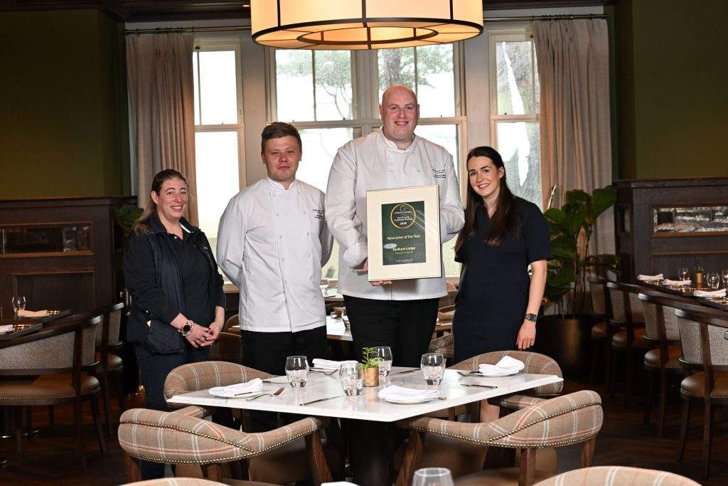 Pictured left to right: Left to right; Jodie Mairs (Head House Keeper), Mark Winters (Executive Sous Chef), Stephen Holland (Executive Head Chef), Holly Scott (Receptionist) celebrate as Dunluce Lodge wins “Newcomer of the Year” at the 2025 Georgina Campbell Awards
