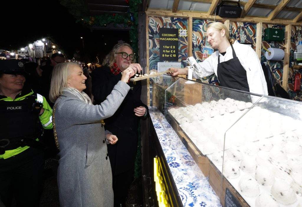 Lord Mayor of Belfast, Councillor Tracy Kelly, joins Deputy Chief Constable Bobby Singleton and Night Czar Michael Stewart for a festive tour of businesses in Belfast city centre. The trio spoke to local retailers and hospitality providers about current trading conditions, met with the PSNI’s Neighbourhood Policing team and the council’s Safer Neighbourhood Officers, and highlighted initiatives underway to ensure the city centre is welcoming for shoppers and visitors as the countdown to Christmas continues. 