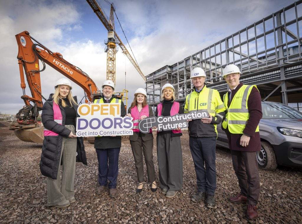 : L-R: Jenni Marshall, Education Engagement Co-Ordinator at Construction Futures; Martin O’Kane, Vice Chairman of Heron Bros and Construction Futures Borad Director; Dr Caoimhe Archibald MLA, Minister for the Economy; Fionnuala McKenna, Head of Strategic Development at Construction Futures; Mark Spence, CEO of the Construction Employers Federation; and Graeme Wilkinson, Director of Skills at the Department for the Economy.