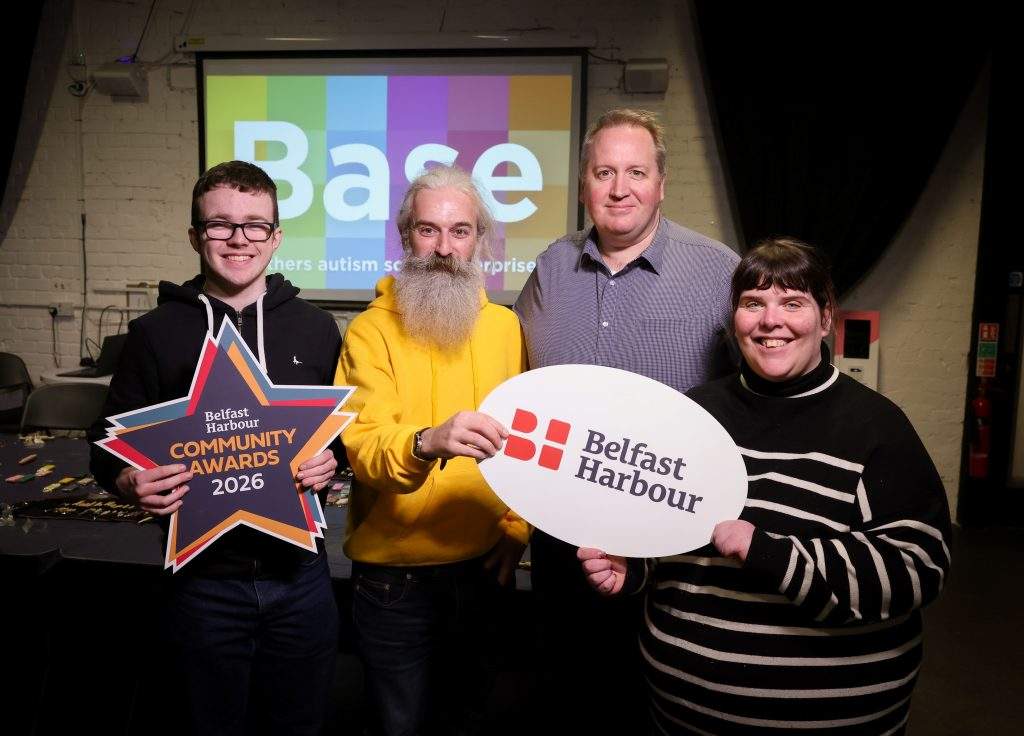 David McLaughlin, Founder Director of Brothers Autism Social Enterprise, and Matthew McCreary, Community Engagement Executive at Belfast Harbour, pictured with Eoin and Amy-Jane, participants from the social-arts intervention programmes run by Brothers Autism Social Enterprise for autistic adults. The project, which received funding through the second round of the 2025 Belfast Harbour Community Awards, proactively addresses mental health challenges by fostering belonging, confidence, and community connection. Applications are now open for the 2026 Belfast Harbour Community Awards. Details on how to apply are available at: www.belfast-harbour.co.uk/community/community-awards or by emailing communityawards@belfast-harbour.co.uk. Applications close on Friday, April 3rd.