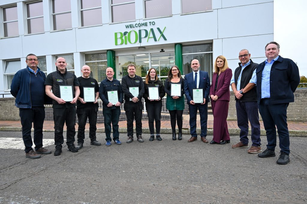 Ian Cairns and Philip Allen from Belfast Metropolitan College are pictured with Lee Carson, Managing Director at Biopax; Jacqui Dornan, Group HR Manager at Biopax, and Biopax award recipients.