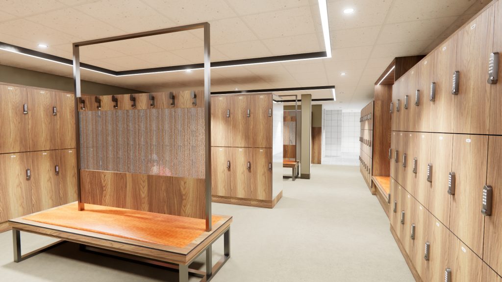 new changing rooms showing three rows of changing rooms with wooden lockers and wooden benches.