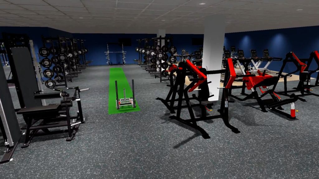 new gym layout showing training equipment including a sled for weights