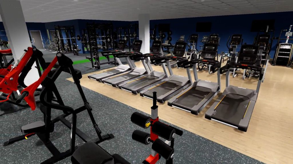 a gym floor focusing on a line of grey/black treadmills