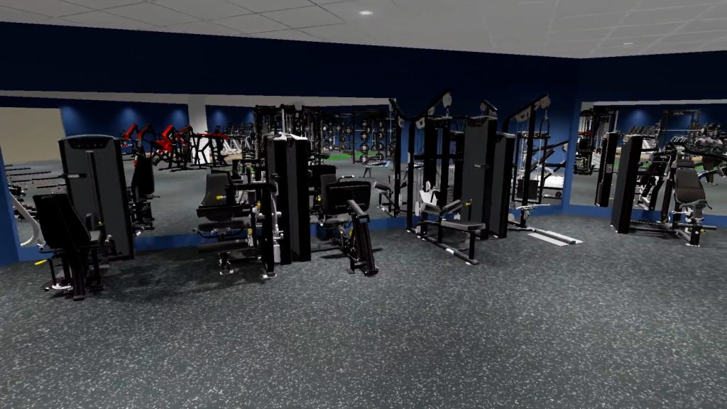new gym layout - grey floor and showing multiple multi-use weight training machines