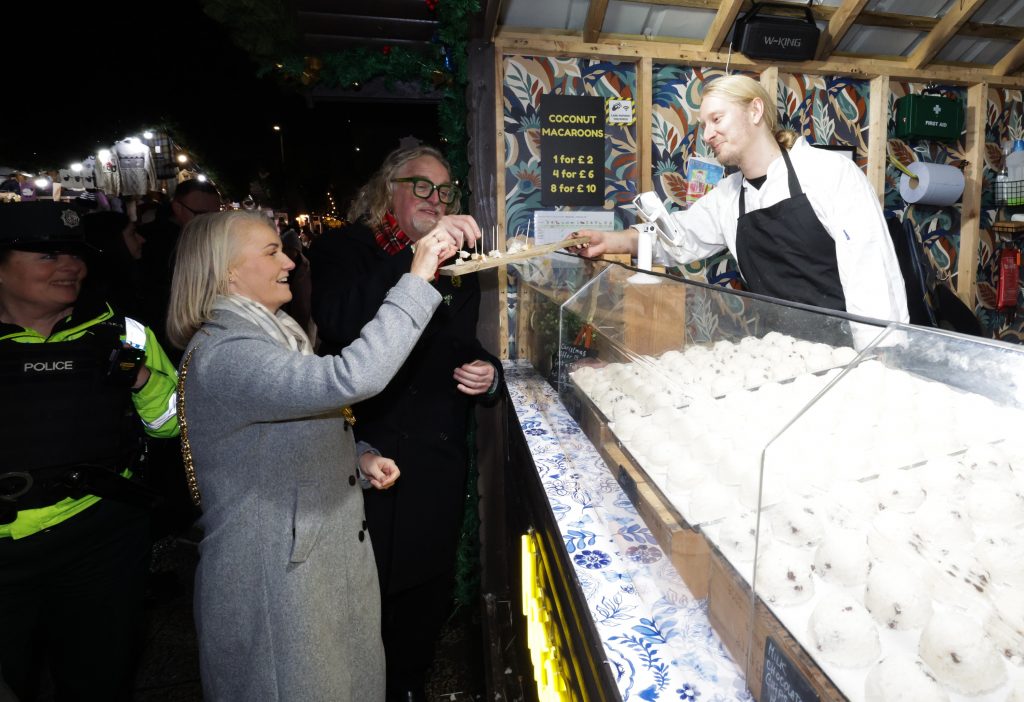Lord Mayor of Belfast, Councillor Tracy Kelly, joins Deputy Chief Constable Bobby Singleton and Night Czar Michael Stewart for a festive tour of businesses in Belfast city centre. The trio spoke to local retailers and hospitality providers about current trading conditions, met with the PSNI’s Neighbourhood Policing team and the council’s Safer Neighbourhood Officers, and highlighted initiatives underway to ensure the city centre is welcoming for shoppers and visitors as the countdown to Christmas continues.