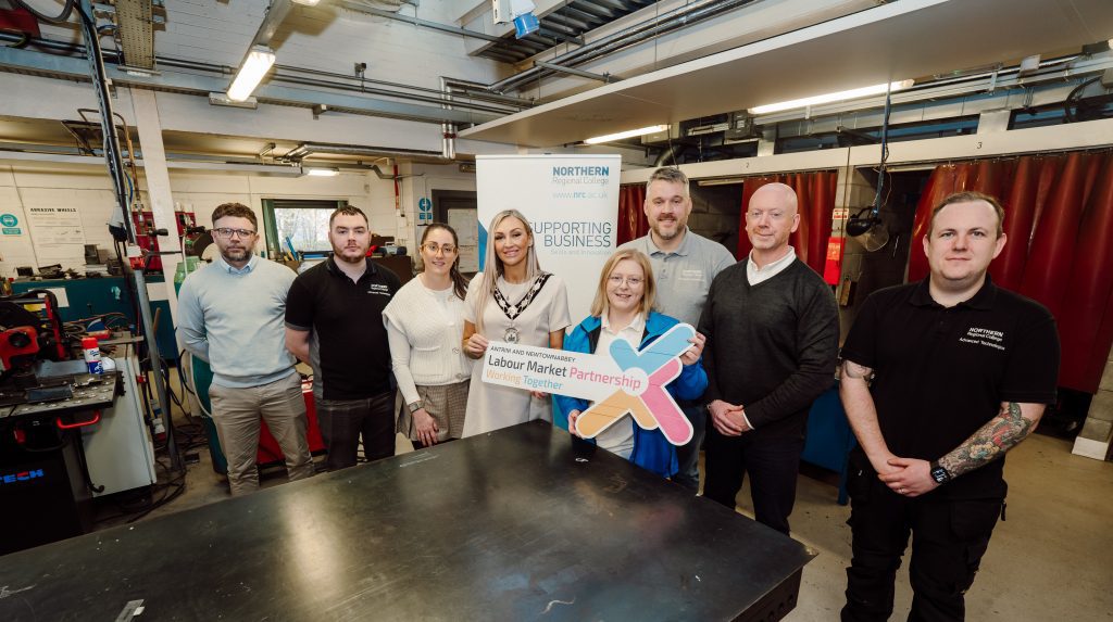 (L-R) Darren Houston: Curriculum Area Manager, Advanced Technologies; Jordan Parkes: Lecturer in Engineering; Cheryl Lane: Business Engagement Manager; Mayor of Antrim and Newtownabbey, Councillor Leah Kirkpatrick; Jessica Smyth, Business Development Project Officer; Scott Walker: Lecturer in Engineering; John Hamilton: Business Engagement Officer; Joe McCelland: Lecturer in Engineering