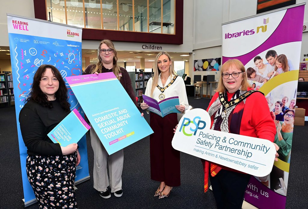 (L-R) Libraries NI District Officer, Jacqueline Bingham, Antrim Library Branch Manager, Alisha Ratcliffe, Mayor of Antrim and Newtownabbey, Councillor Leah Kirkpatrick and Deputy Mayor and Chair of PCSP, Councillor Julie Gilmour