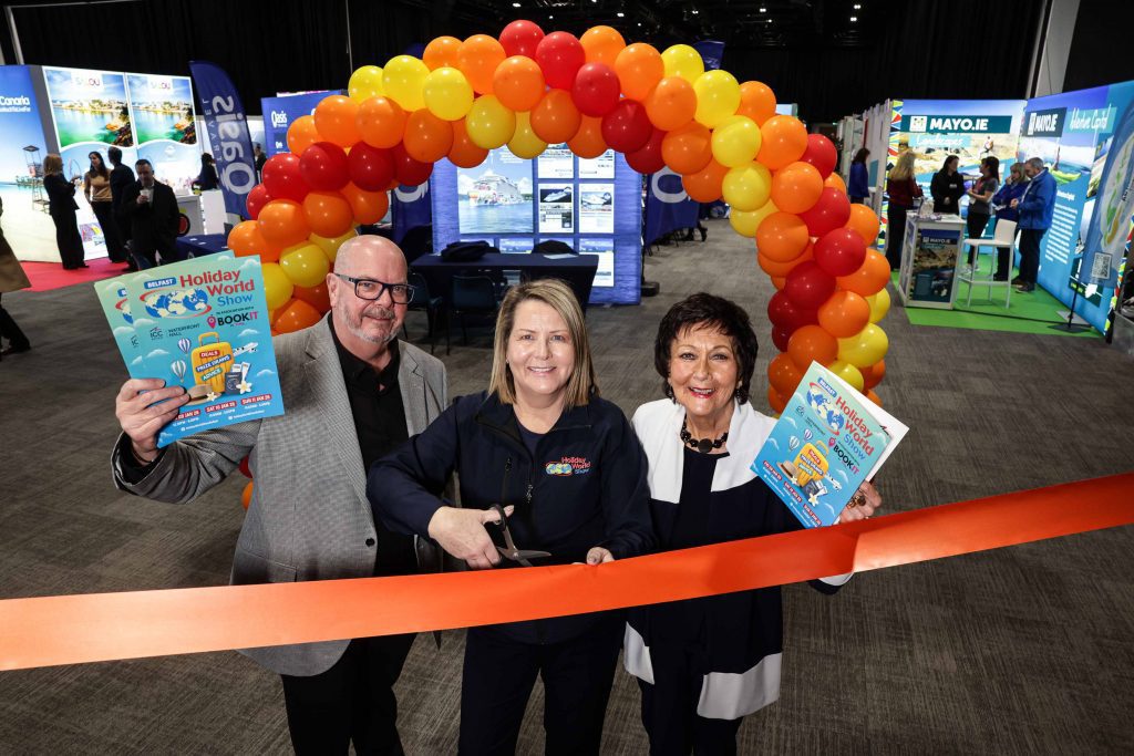 OPENING DOORS TO A WORLD OF TRAVEL: Maria Hourican (centre) and Maureen Ledwith from Business Exhibitions Ltd (BizEx) cut the ribbon to officially open the 33rd annual Holiday World Show Belfast in the ICC Belfast at the Waterfront Hall today (Friday), alongside Jonathan Adair from event sponsor Bookit by NI Travel News. Thousands are expected at the three-day show which runs from 10.00am to 5pm on Friday January 9 through until Sunday January 11, showcasing a huge choice of holiday options at home and abroad, featuring international tourist boards, destinations, airlines, ferry companies, hotels and B&amp;Bs, visitor attractions, travel agencies and service providers. For more information and all the latest event updates, visit https://holidayworldshowni.com/.