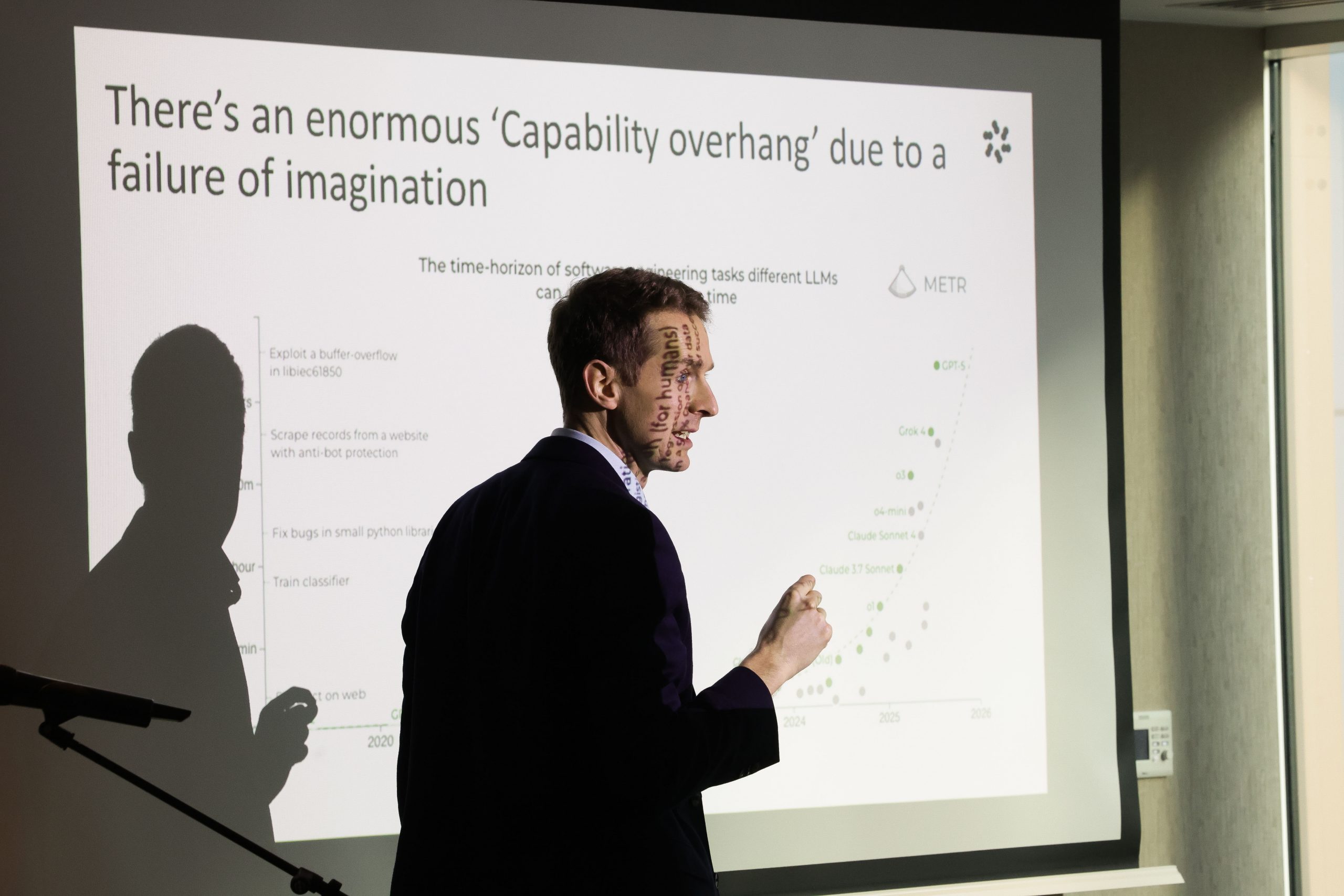 A presenter gestures towards a projected slide displaying data and analysis while giving an AI-focused presentation.