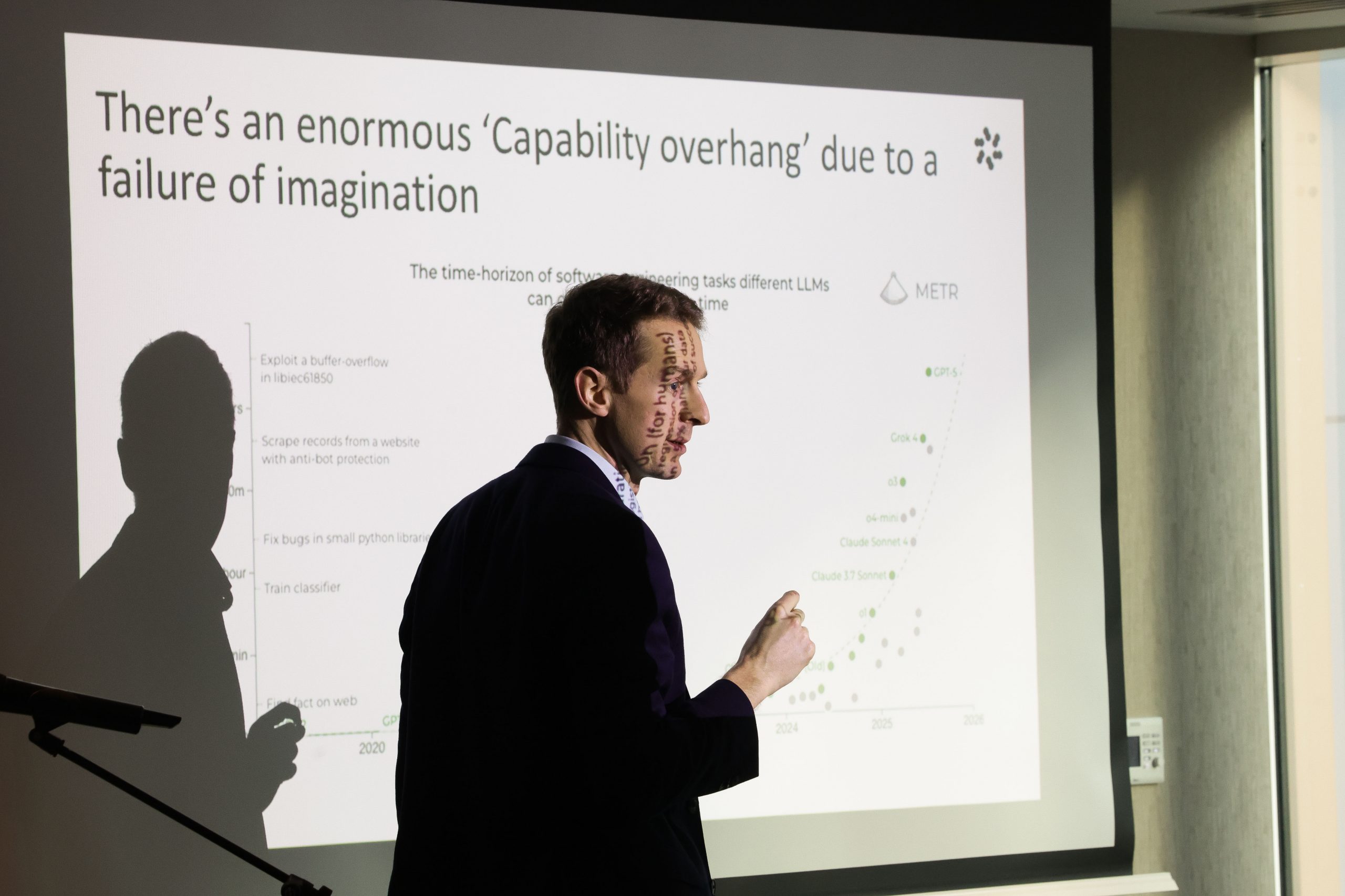 A presenter points toward a projected slide containing text and charts during a talk on AI capabilities.