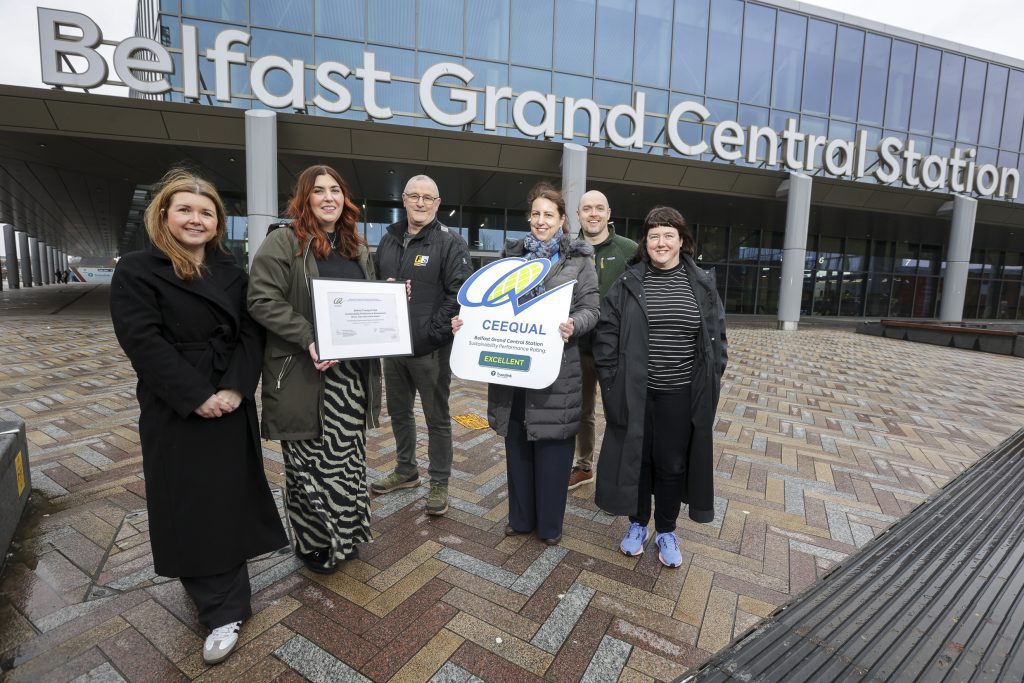 The Belfast Grand Central Station project has attained an ‘Excellent’ CEEQUAL Sustainability Performance Rating in recognition of environmental and social impact management.   The rating officially recognises strong performance across key project areas including carbon reduction, biodiversity and engagement with local communities. It also recognises good overall project management, including responsible construction practices, efficient use of resources, and a focus on long-term user benefits.   Pictured celebrating the achievement are l-r 

add names below in order as approp
[Louise in Blue with prop, Lisa in long black coat, Brian in black FSJV coat, Dermott in green jacket, Judith with fair hair, Megan holding cert. ]

Louise Sterritt, Translink, Lisa McFadden, Translink, Brian Hill, FSJV, Megan Moore, Arup, Dermott Hickson, Babcock & Judith Travers, Atkins Realis.