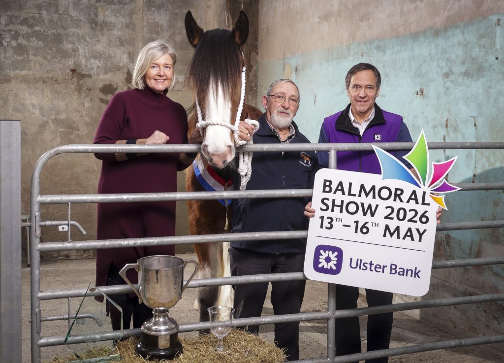 Rhonda Geary, RUAS Group Operations Director and Cormac McKervey, Senior Agriculture Manager, Ulster Bank, kick off the countdown to the 2026 Balmoral Show in partnership with Ulster Bank alongside the Champion Clydesdale horse from the 2025 event.

 