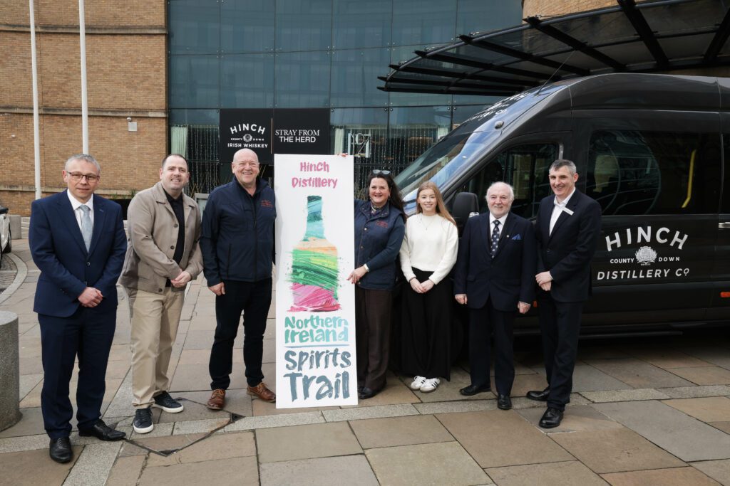 Paul Walsh, General Manager, Hilton Belfast; Gary Quate, Food and Drink Tourism Manager at Tourism NI; Michael Gallagher, Driver, Hinch Distillery; Claire McLernon, Head Tour Guide and Experience Manager, Hinch Distillery; Anna Lowry, Meeting and Events Executive, Hilton Belfast; Dr Terry Cross OBE, Chairman, Hinch Distillery and Tony Heagney, Head Concierge, Hilton Belfast.