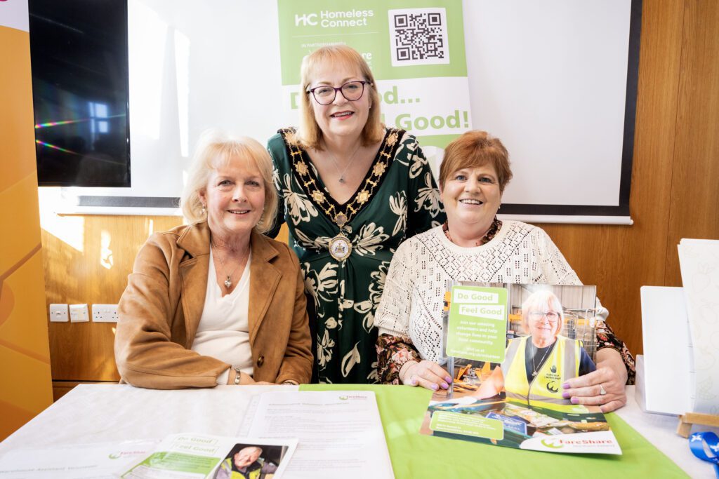 Deputy Mayor, Cllr Julie Gilmour is joined by Volunteer, Vera and Volunteer Manager, Siobhann from FareShare